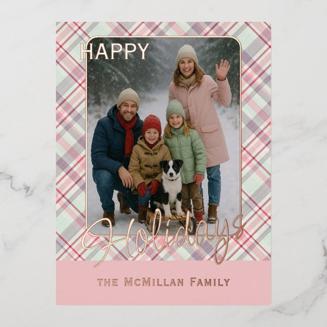 Elegant Rustic Classy Plaid Pattern Gold Foil Holiday Postcard (Front)