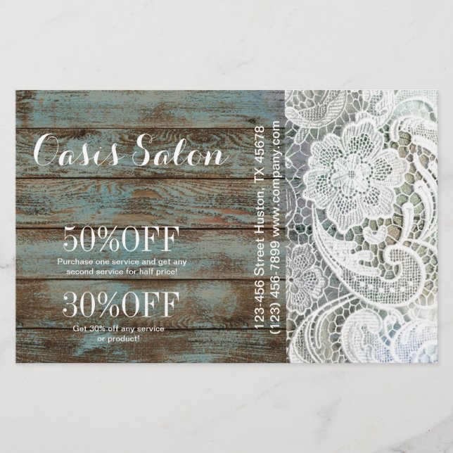 elegant rustic country white lace blue barn wood flyer (Front)