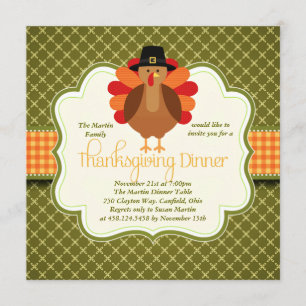 Elegant Rustic Cute Turkey Thanksgiving Dinner Invitation
