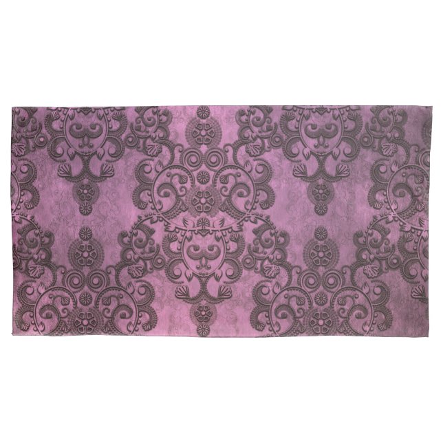 Elegant Rustic Distressed Purple Damask Pattern Pillowcase (Front-Left)