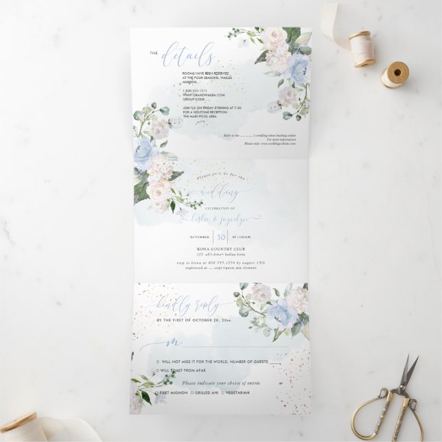 Elegant Rustic Dusty Blue Watercolor Roses Tri-Fold Invitation (Inside)