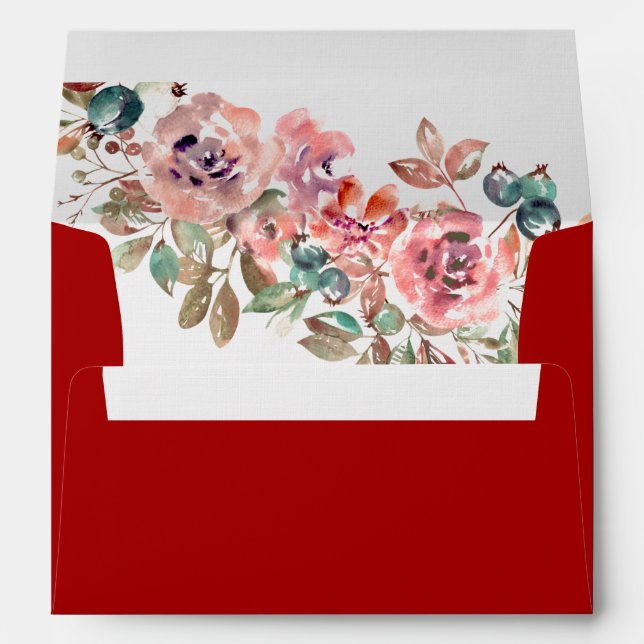 Elegant rustic dusty pink floral red wedding envelope (Back (Bottom))