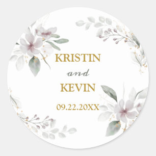 Elegant Rustic Dusty White flowers watercolor Gold Classic Round Sticker