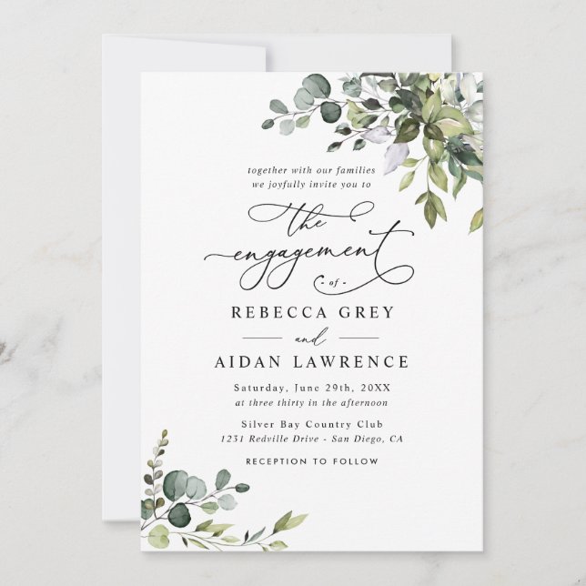 Elegant Rustic Eucalyptus Greenery Engagement Invitation (Front)