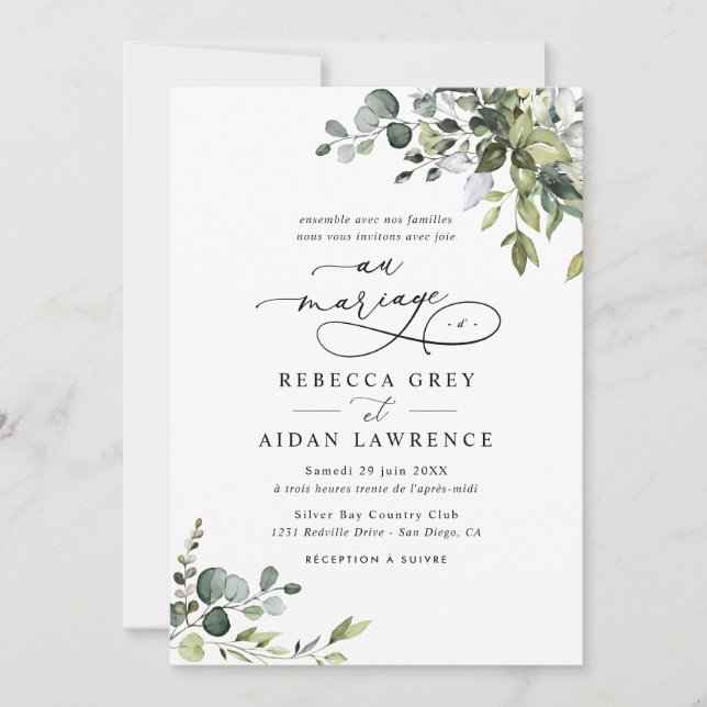 Elegant Rustic Eucalyptus Greenery French Wedding Invitation (Front)