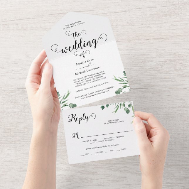 Elegant Rustic Eucalyptus Leaves Greenery Wedding All In One Invitation (Tearaway)
