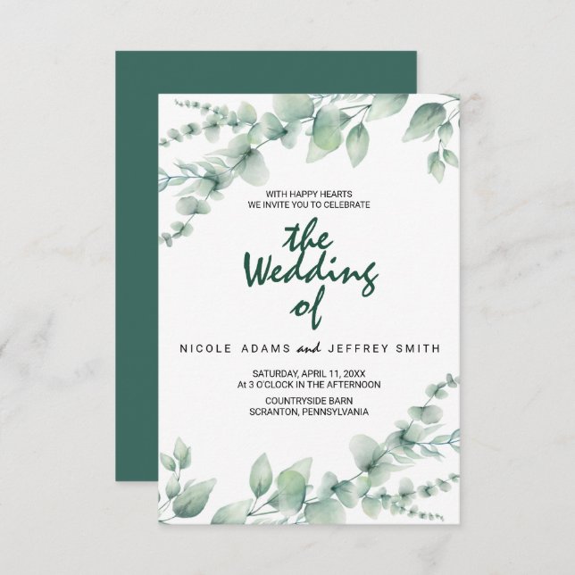 Elegant Rustic Eucalyptus Leaves Greenery Wedding  Invitation (Front/Back)