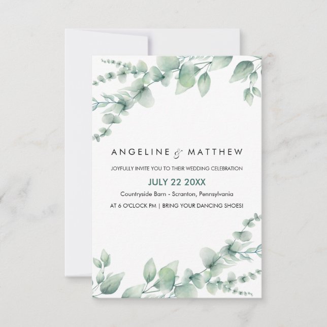 Elegant Rustic Eucalyptus Leaves Greenery Wedding Invitation (Front)