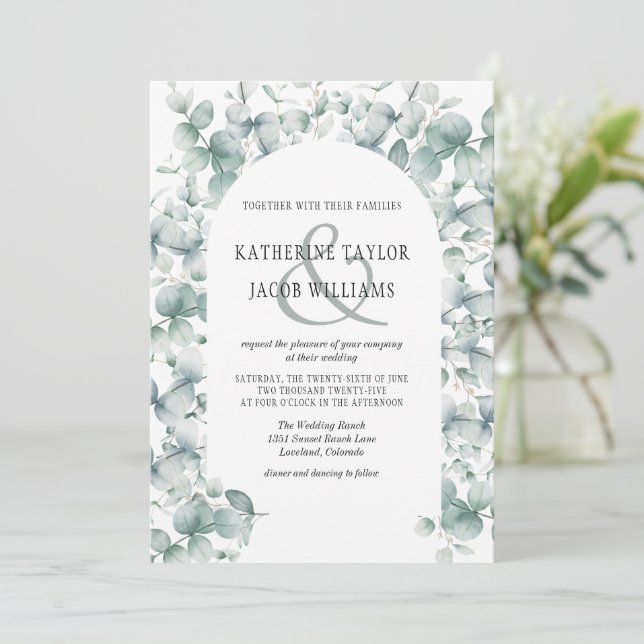 Elegant Rustic Eucalyptus Leaves Greenery Wedding  Invitation (Standing Front)
