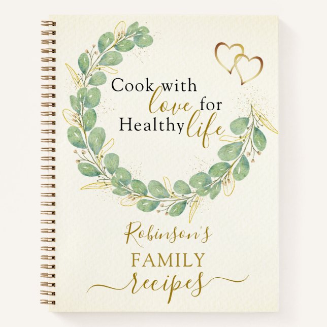 Elegant Rustic Eucalyptus Wreath Family Recipes Notebook (Front)