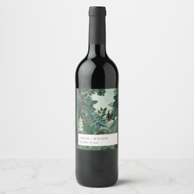 Elegant Rustic Exotic Tropical Rainforest Wedding Wine Label (Front)