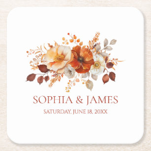 Elegant Rustic Fall Autumn Floral Wedding Square Paper Coaster