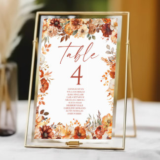 Elegant Rustic Fall Autumn Floral Wedding Table Number