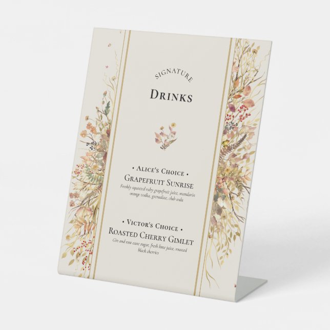 Elegant Rustic Fall Beige Wedding Signature Drinks Pedestal Sign (Front)