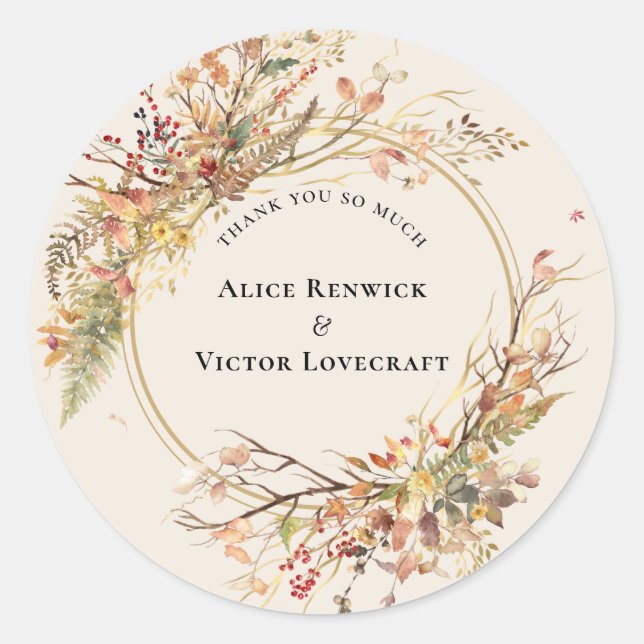 Elegant Rustic Fall Beige Wedding Thank You Favour Classic Round Sticker (Front)