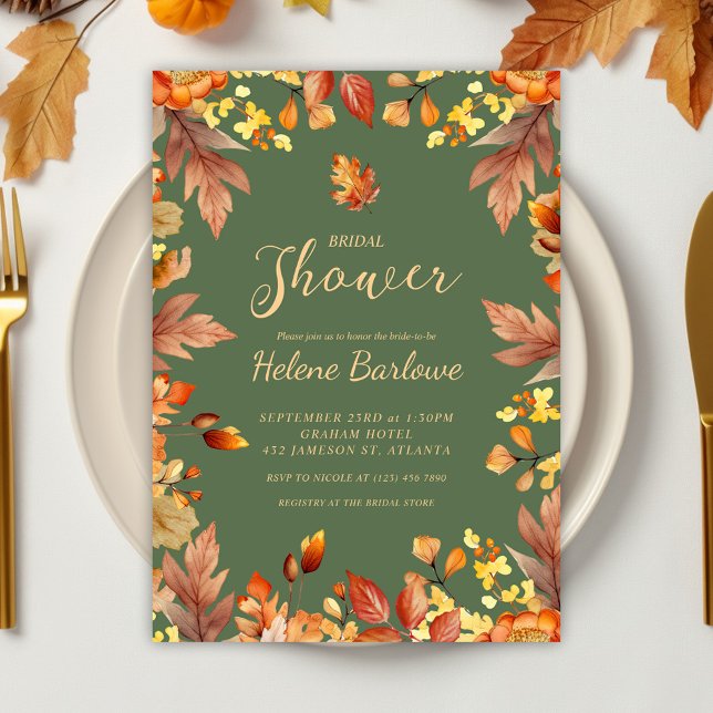 Elegant Rustic Fall Bridal Shower Autumn Invitation (Sage Green Elegant Fall Bridal Shower Invitation)