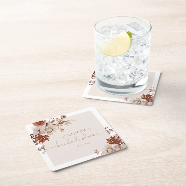 Elegant rustic fall bridal shower square paper coaster (Insitu)