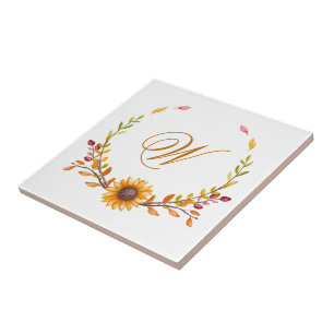 Elegant Rustic Fall Floral Bouquet Monogram Ceramic Tile