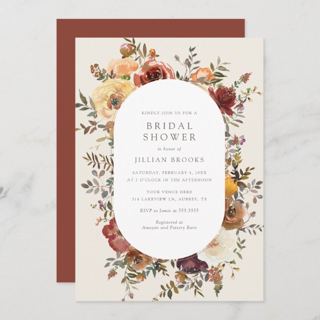 Elegant Rustic Fall Floral Bridal Shower Invitatio Invitation (Front/Back)