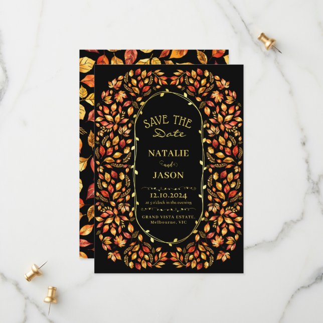 Elegant Rustic Fall Leaves Boho Wedding Save The Date (Front/Back In Situ)