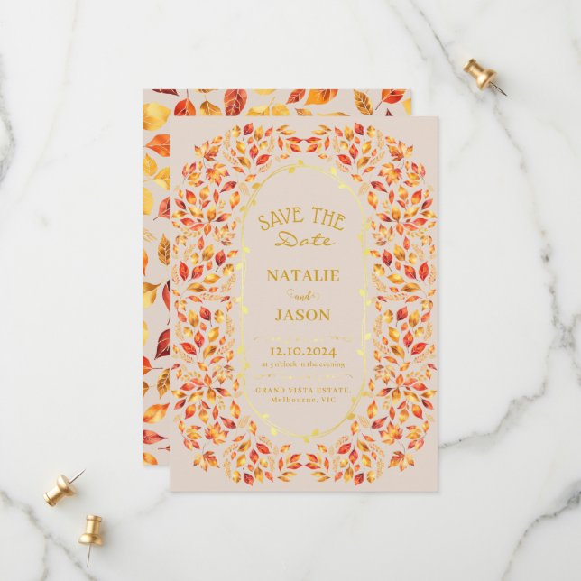 Elegant Rustic Fall Leaves Boho Wedding Save The Date (Front/Back In Situ)