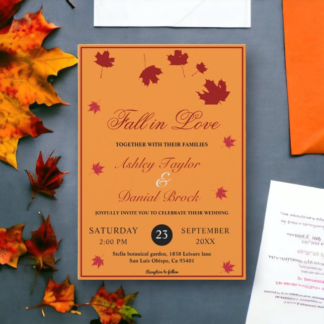 Elegant Rustic Fall Leaves Orange Fall Wedding Invitation (Creator Uploaded)