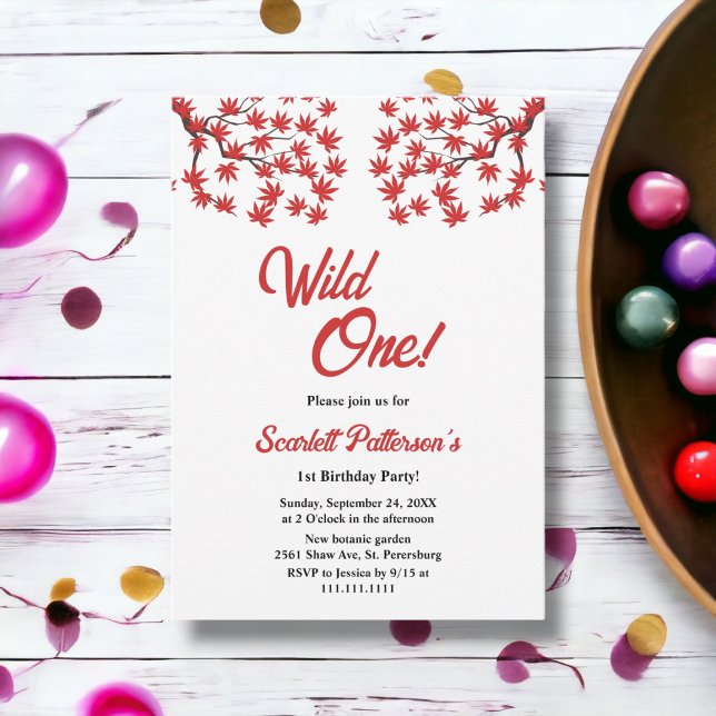 Elegant Rustic Fall Red Leaves Boho 1st Birthday Invitation (Creator Uploaded)