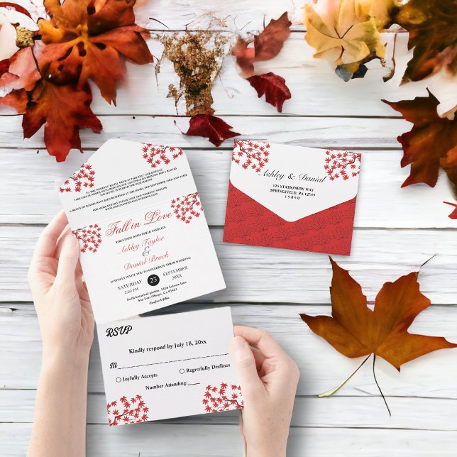 Elegant Rustic Fall Red Leaves Boho Autumn Wedding All In One Invitation (Creator Uploaded)