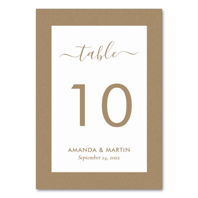 Elegant Rustic Faux Kraft Paper Wedding Table Number (Front)