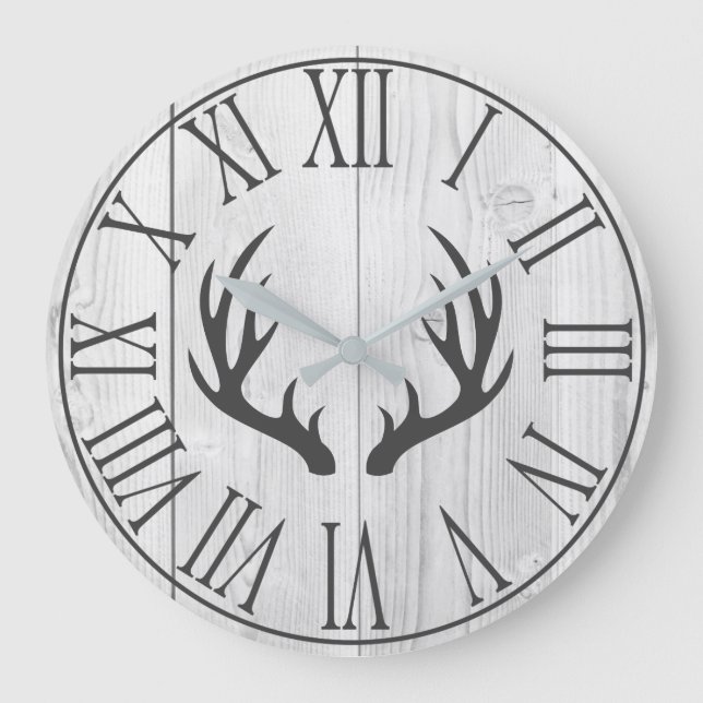 Elegant Rustic Faux White Wood & Deer Antlers Large Clock (Front)