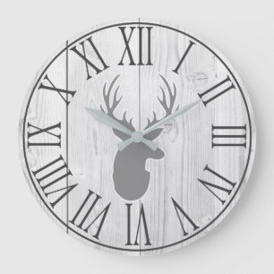 Elegant Rustic Faux White Wood & Grey Deer Large Clock