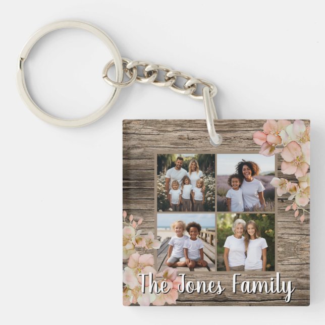 Elegant rustic floral 4 photo template key ring (Front)