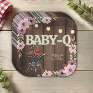 Elegant Rustic Floral Baby-Q Grill Baby Shower Paper Plate