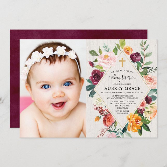 Elegant rustic floral fall foliage baptism photo invitation (Front/Back)