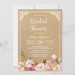 Elegant Rustic Floral Frame Kraft   Bridal Shower Invitation