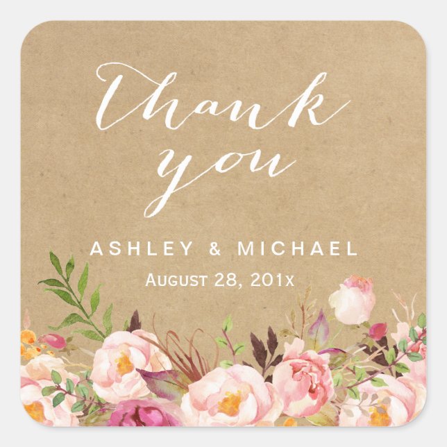 Elegant Rustic Floral Kraft Thank You Square Sticker (Front)