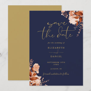 Elegant Rustic Floral Navy Blue And Gold Wedding Save The Date