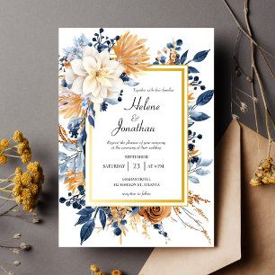 Elegant Rustic Floral Navy Blue Terracotta Wedding Invitation