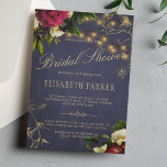Elegant rustic floral navy burgundy bridal shower invitation<br><div class="desc">A beautiful traditional bridal shower / bridal brunch invitation featuring winter / Christmas flower bouquets of dark burgundy, vibrant red and ivory cream roses, and peonies, foliage and leaves, strings of twinkle lights and a chic gold calligraphy script over a dark midnight navy blue chalkboard background. The invite is suitable...</div>