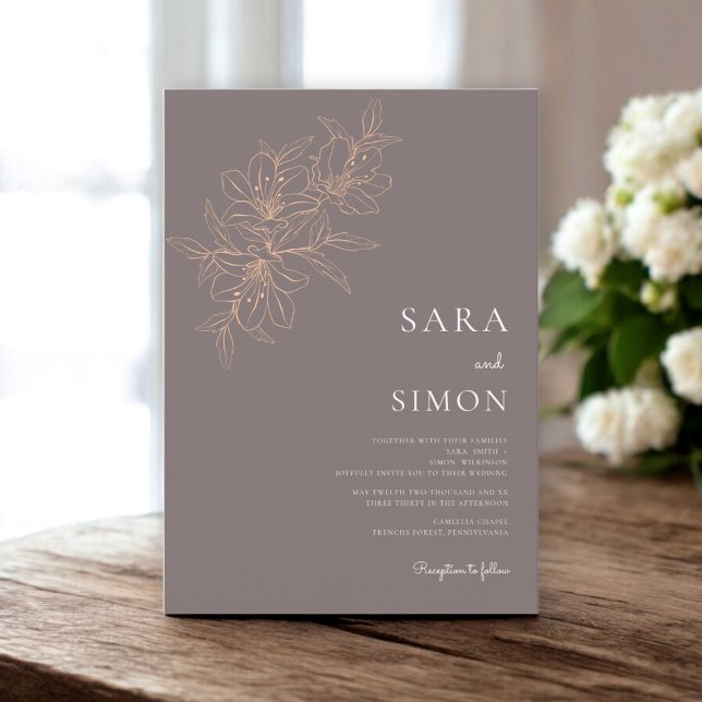 Elegant rustic floral peach fuzz wedding invitation (earthy modern rustic  casual wedding invitation )