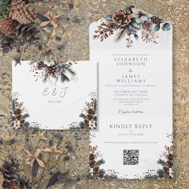Elegant Rustic Floral Pinecone QR Code Wedding All In One Invitation (Elegant Rustic Floral Pinecone QR Code Wedding All In One Invitation)