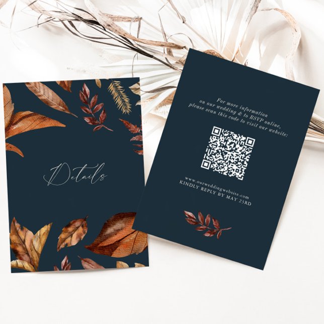 Elegant Rustic Floral QR code Wedding Navy Enclosure Card (Creator Uploaded)