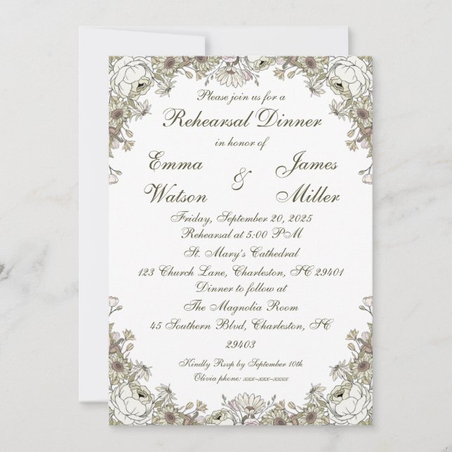 Elegant Rustic Floral Rehearsal Dinner Invitation  (Front)