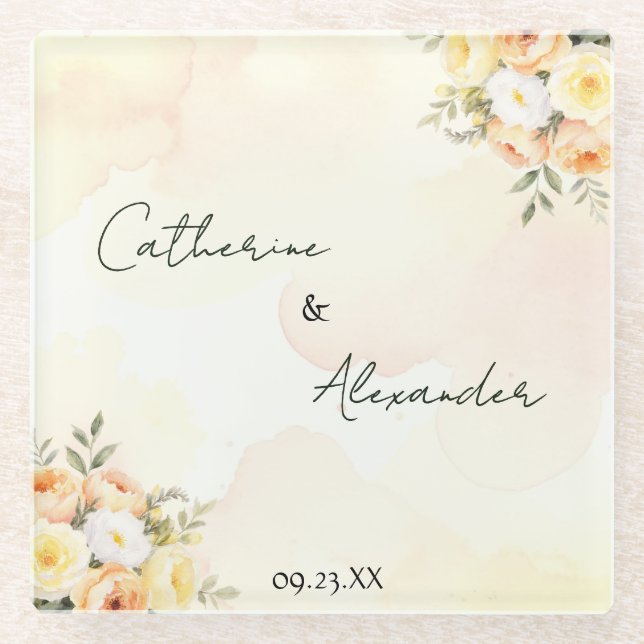 Elegant Rustic Floral Wedding Watercolor Roses Glass Coaster (Front)