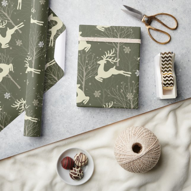 Elegant Rustic Forest Jumping Reindeer Christmas Wrapping Paper (Crafts)