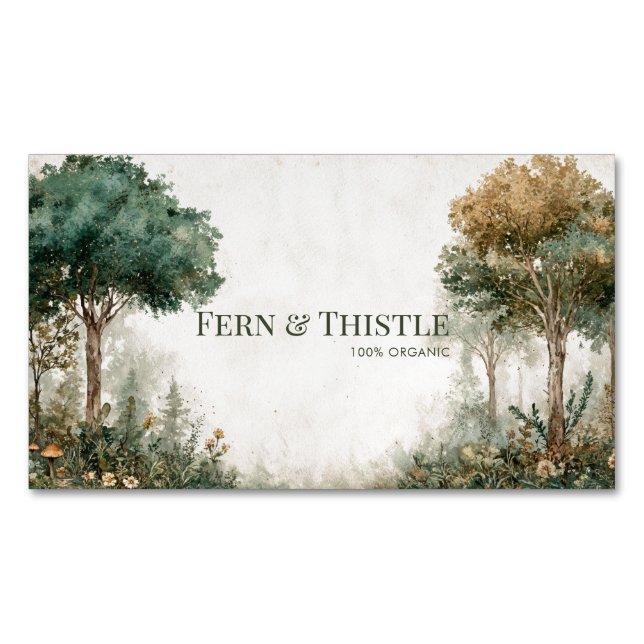 Elegant Rustic Forest Tree Gold Frame Magnetic Business Card (Front)