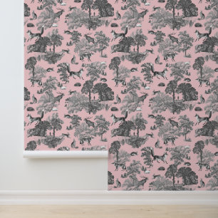 Elegant Rustic Fox Forest Animals Pink Toile Wallpaper