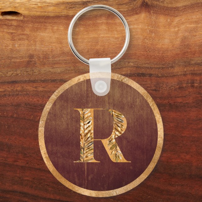 Elegant Rustic Gold & Brown Personalised Monogram Key Ring (Front)