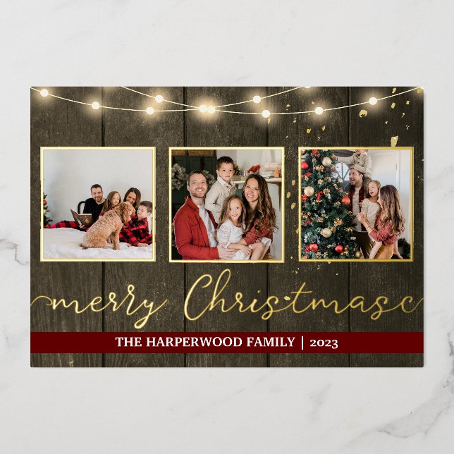 Elegant Rustic Gold Christmas Family Photo Collage Foil Holiday Card (Front)
