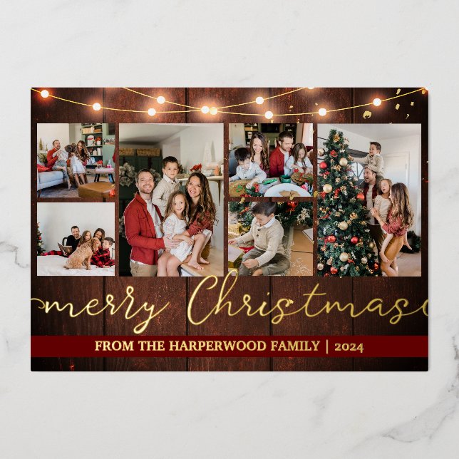 Elegant Rustic Gold Christmas Family Photo Collage Foil Holiday Card (Front)